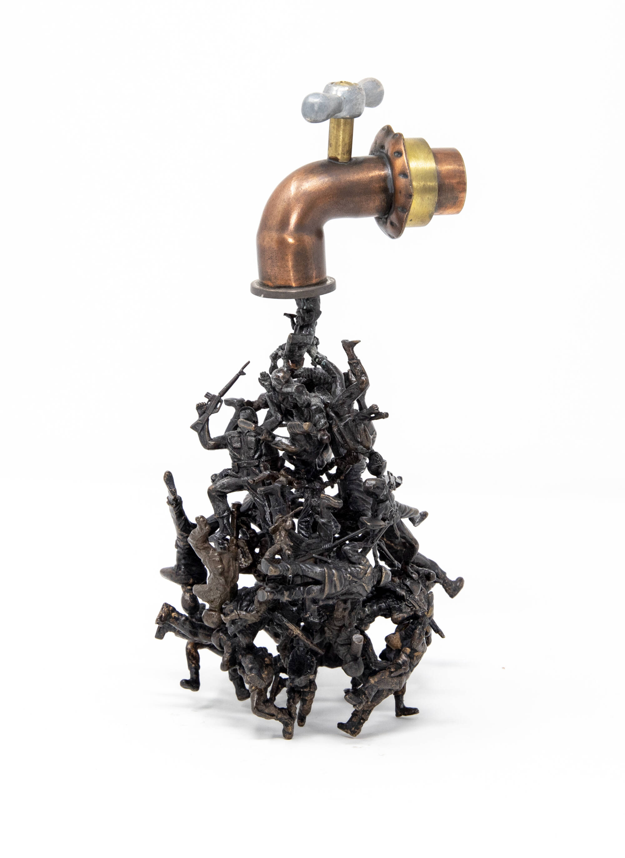 Metal sculpture that looks like toy soldiers are pouring out of a faucet.